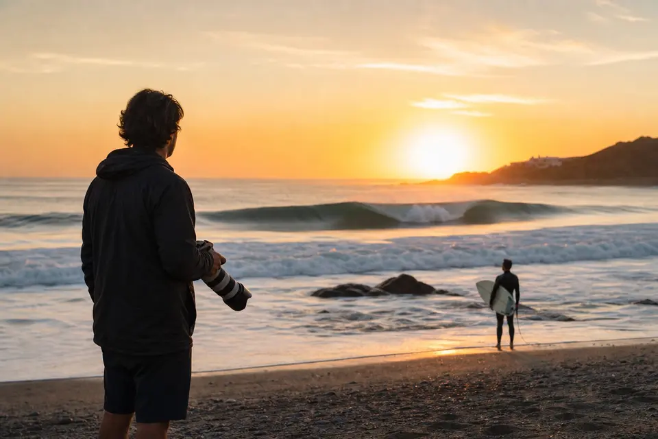 Photographer studying sunrise light and waves before a surf session